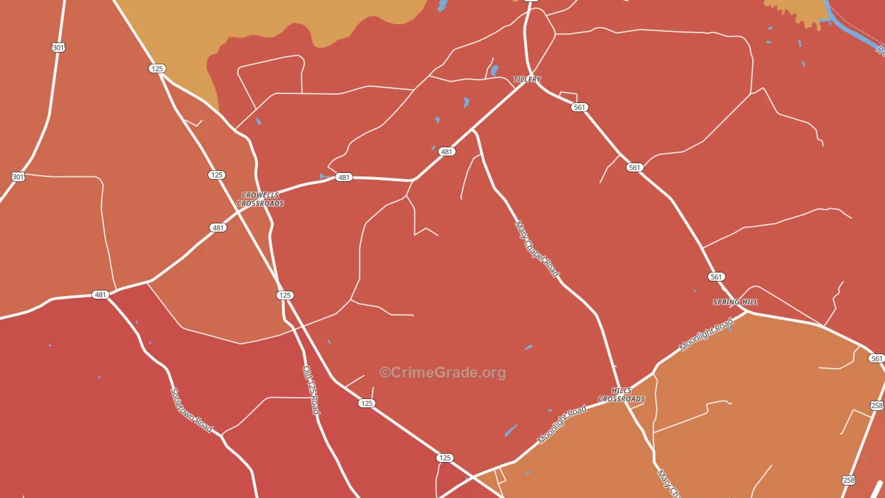 Tillery, NC Map of Burglary Rates