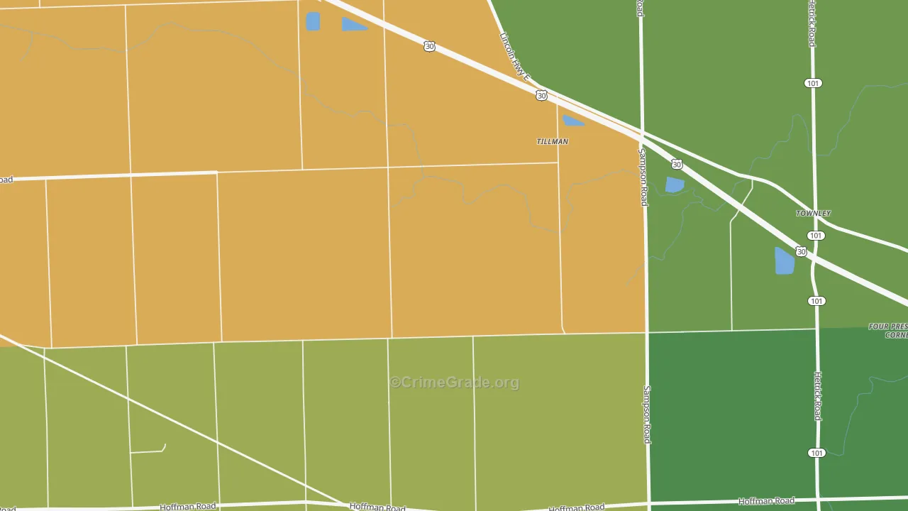 Tillman, IN Map of Burglary Rates