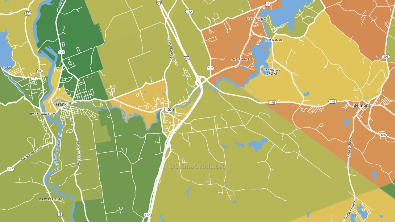 Tilton, NH Map of Burglary Rates