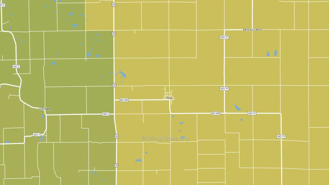 Tina, MO Map of Burglary Rates