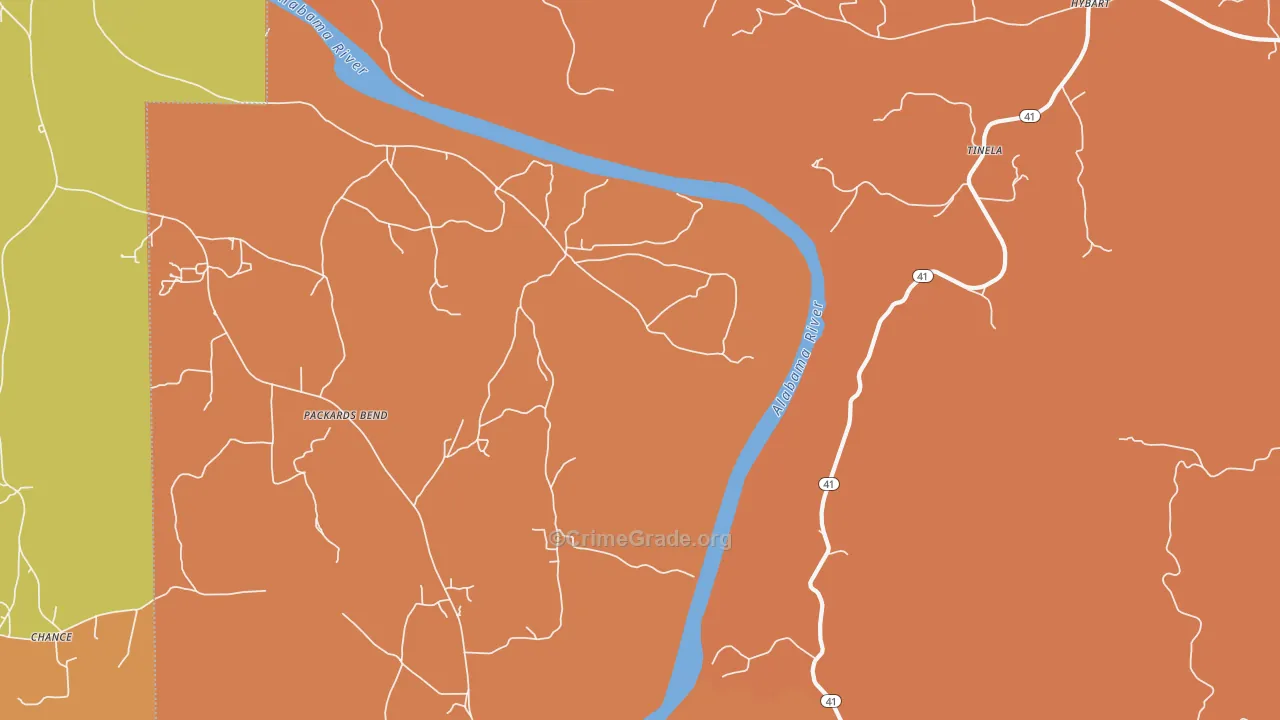 Tinela, AL Map of Burglary Rates