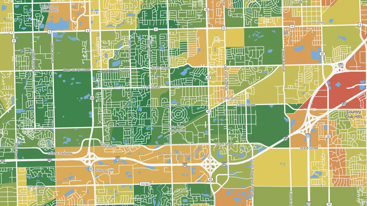 Tinley Park, IL Map of Burglary Rates