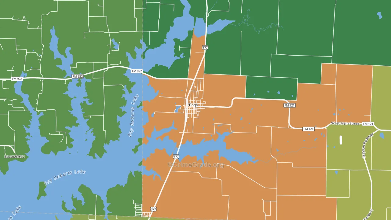 Tioga, TX Map of Burglary Rates