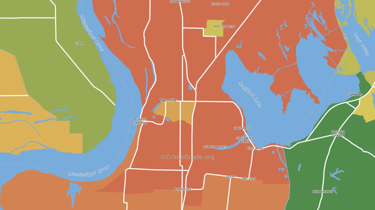 Tiptonville, TN Map of Burglary Rates
