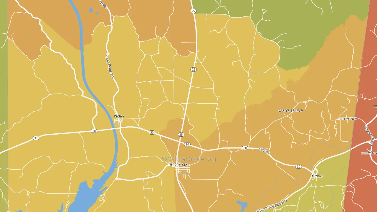 Tishomingo, MS Map of Burglary Rates