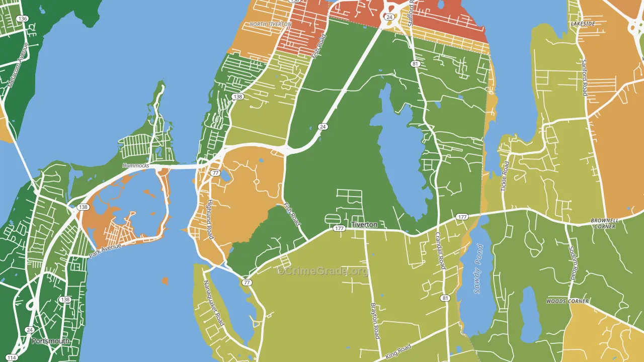 Tiverton, RI Map of Burglary Rates