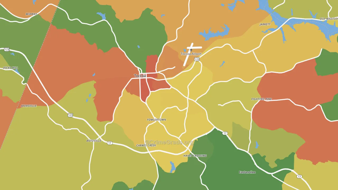 Toccoa, GA Map of Burglary Rates