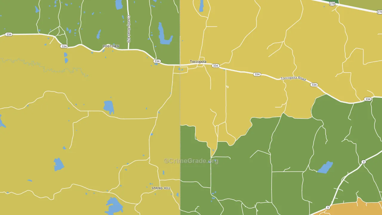 Toccopola, MS Map of Burglary Rates