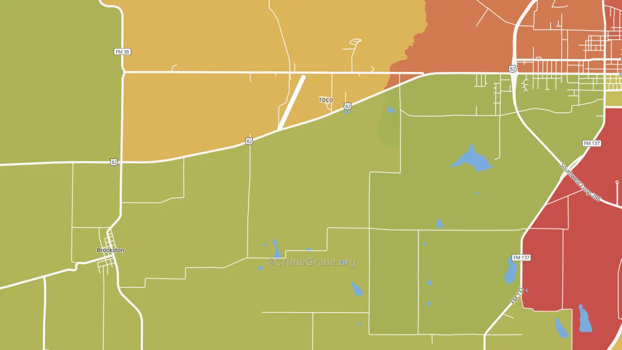 Toco, TX Map of Burglary Rates