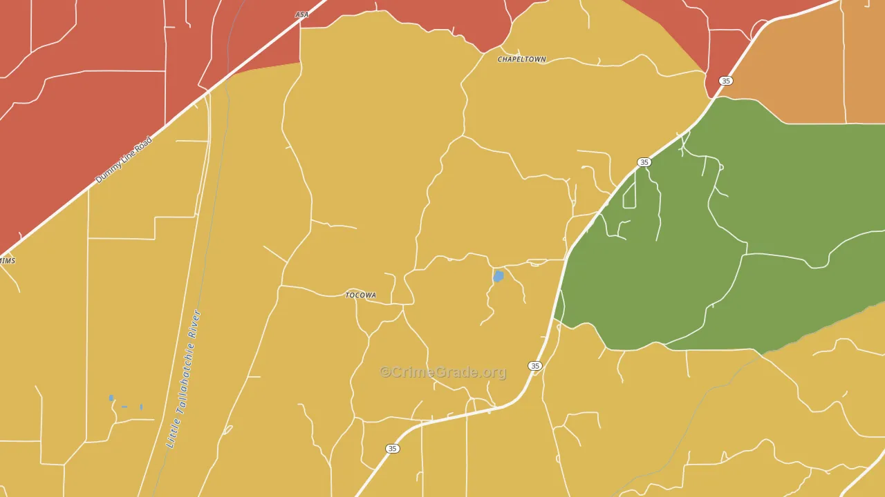 Tocowa, MS Map of Burglary Rates