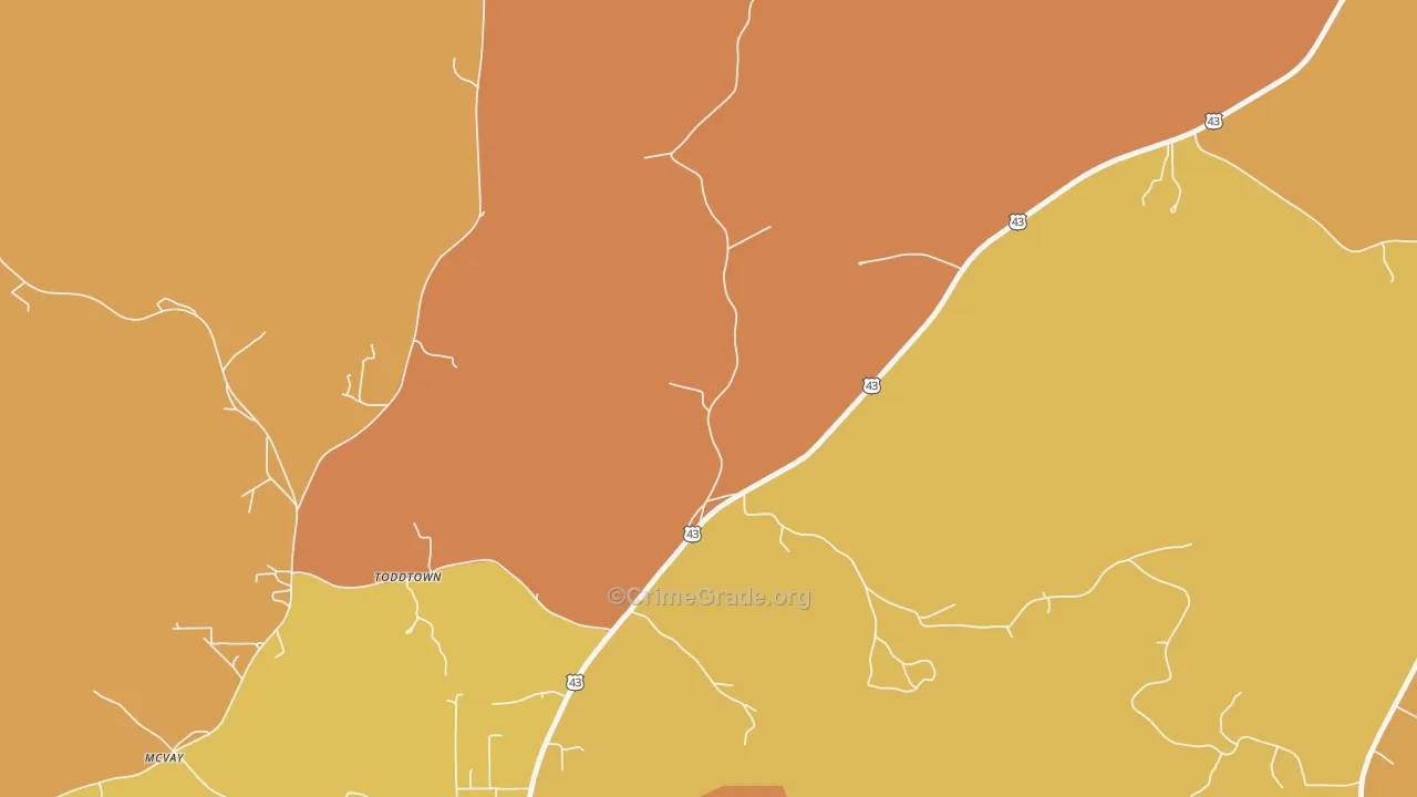 Toddtown, AL Map of Burglary Rates