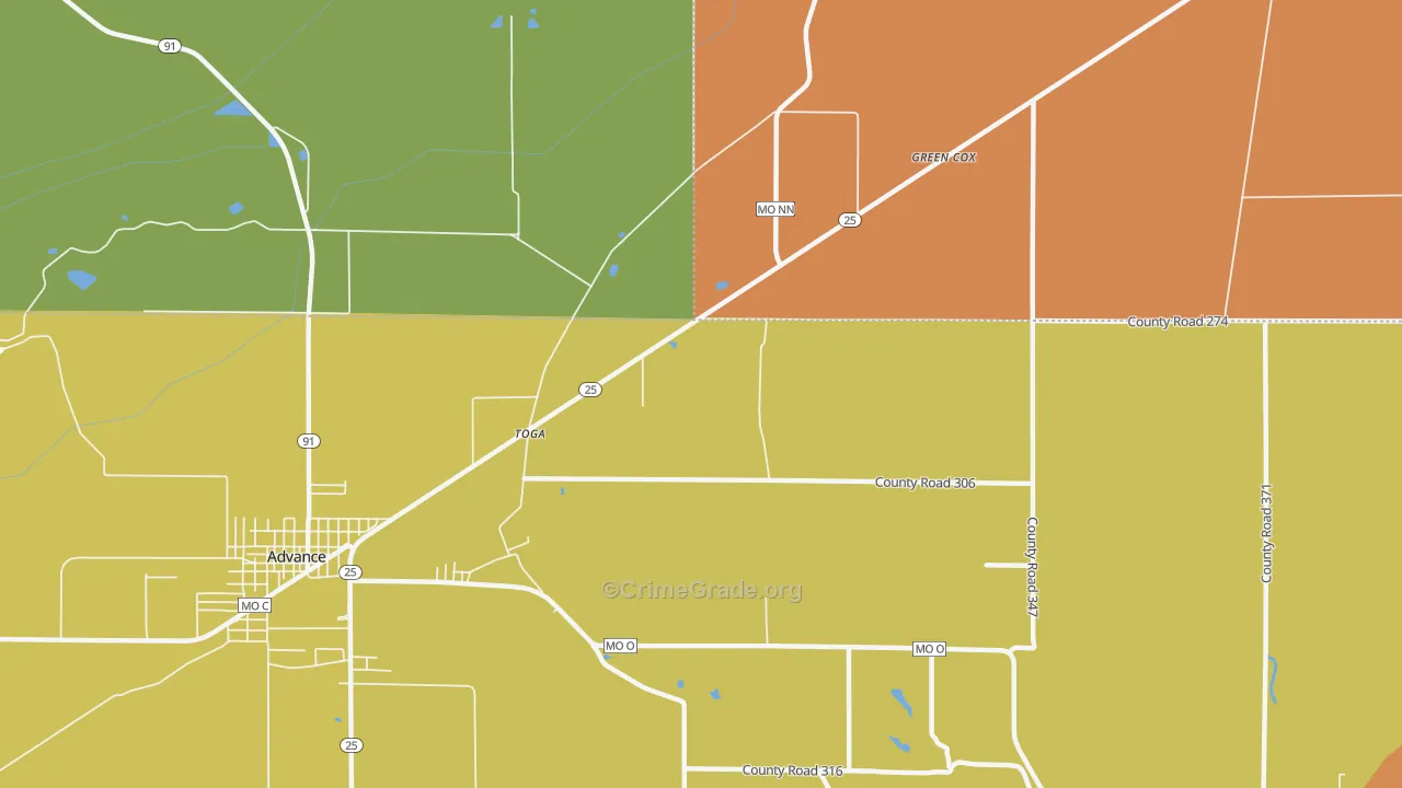 Toga, MO Map of Burglary Rates