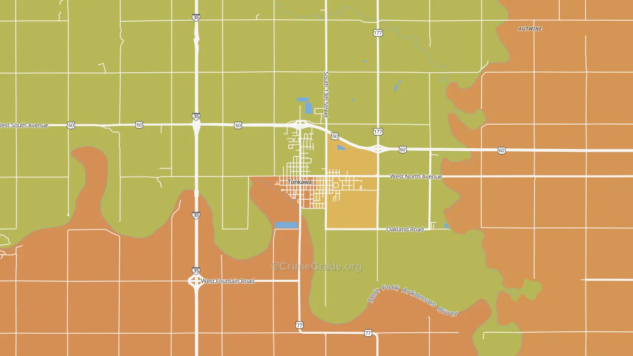 Tonkawa, OK Map of Burglary Rates