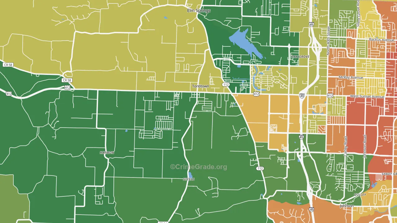 Tontitown, AR Map of Burglary Rates