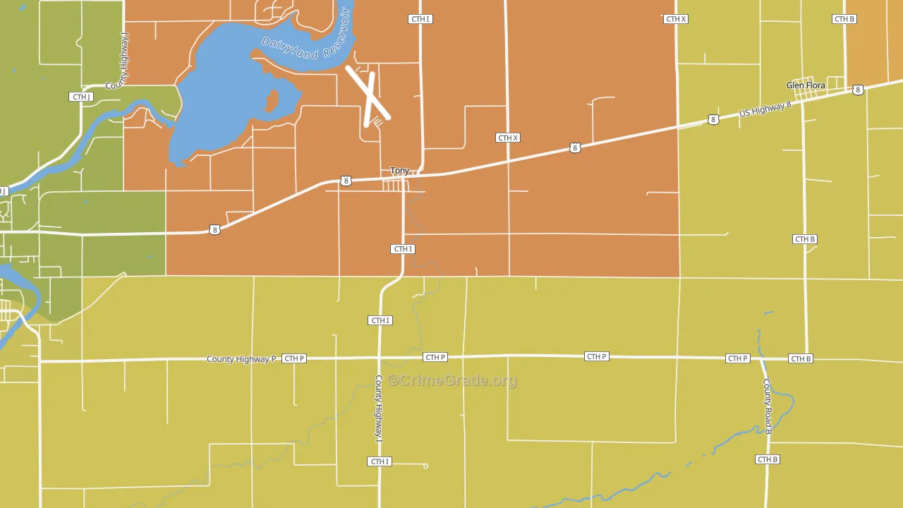 Tony, WI Map of Burglary Rates