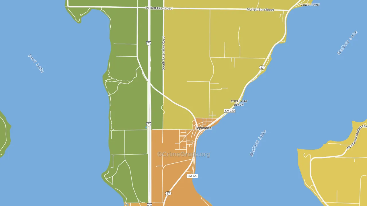 Topinabee, MI Map of Burglary Rates