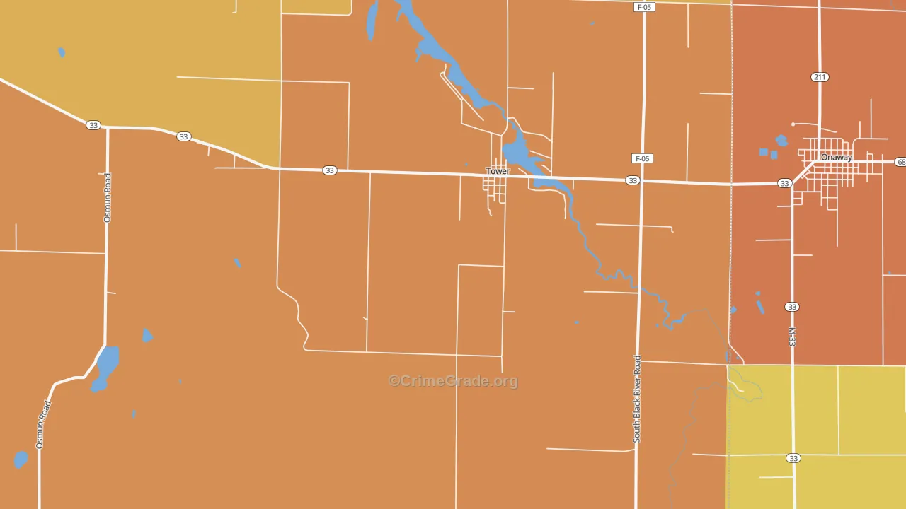 Tower, MI Map of Burglary Rates