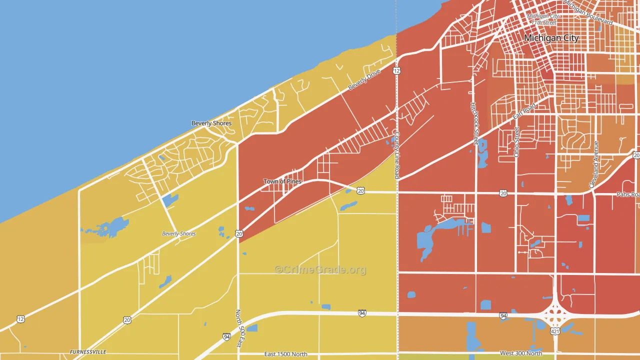 Town of Pines, IN Map of Burglary Rates