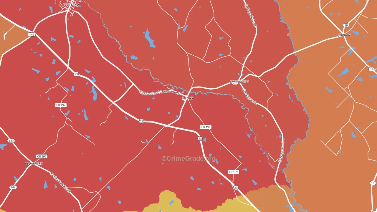 Towns, GA Map of Burglary Rates