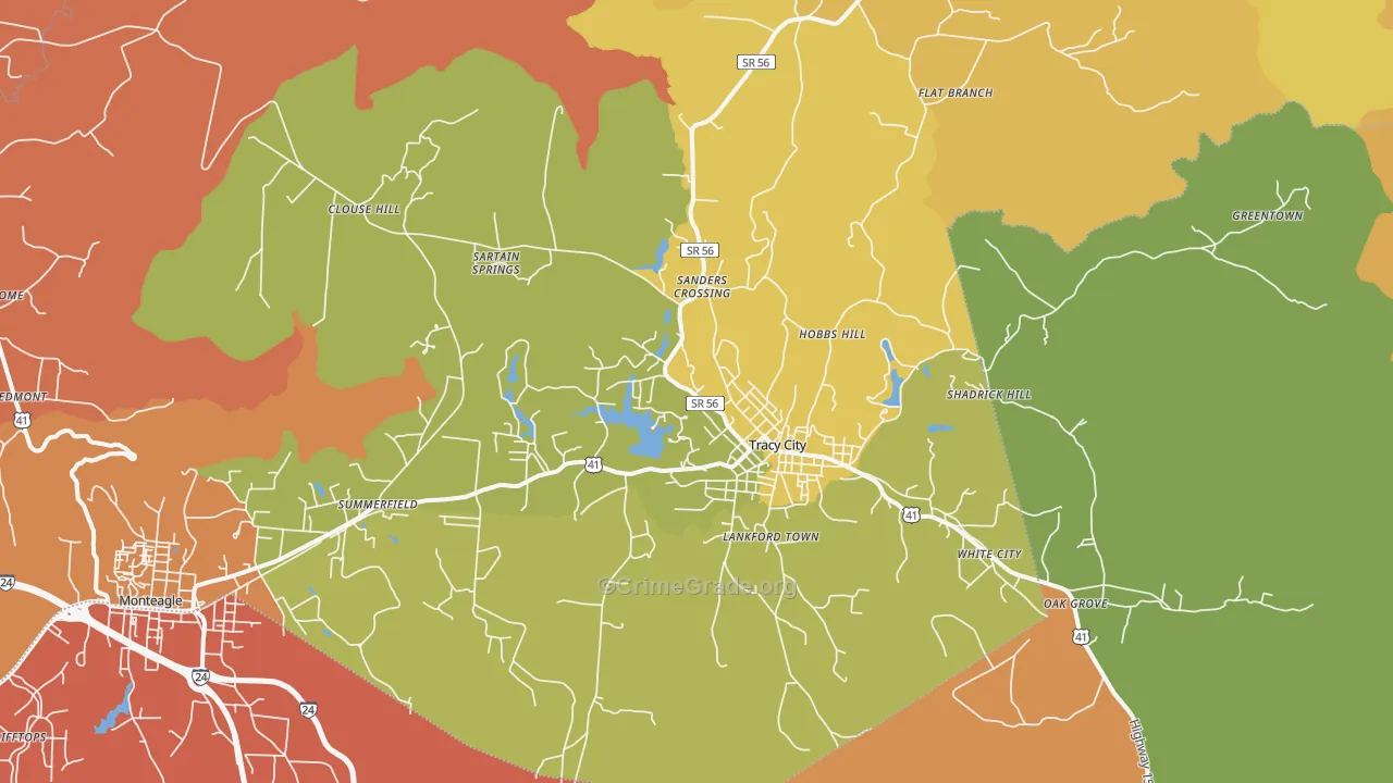 Tracy City, TN Map of Burglary Rates