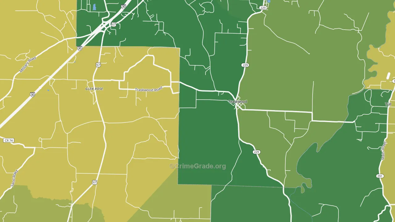 Traskwood, AR Map of Burglary Rates