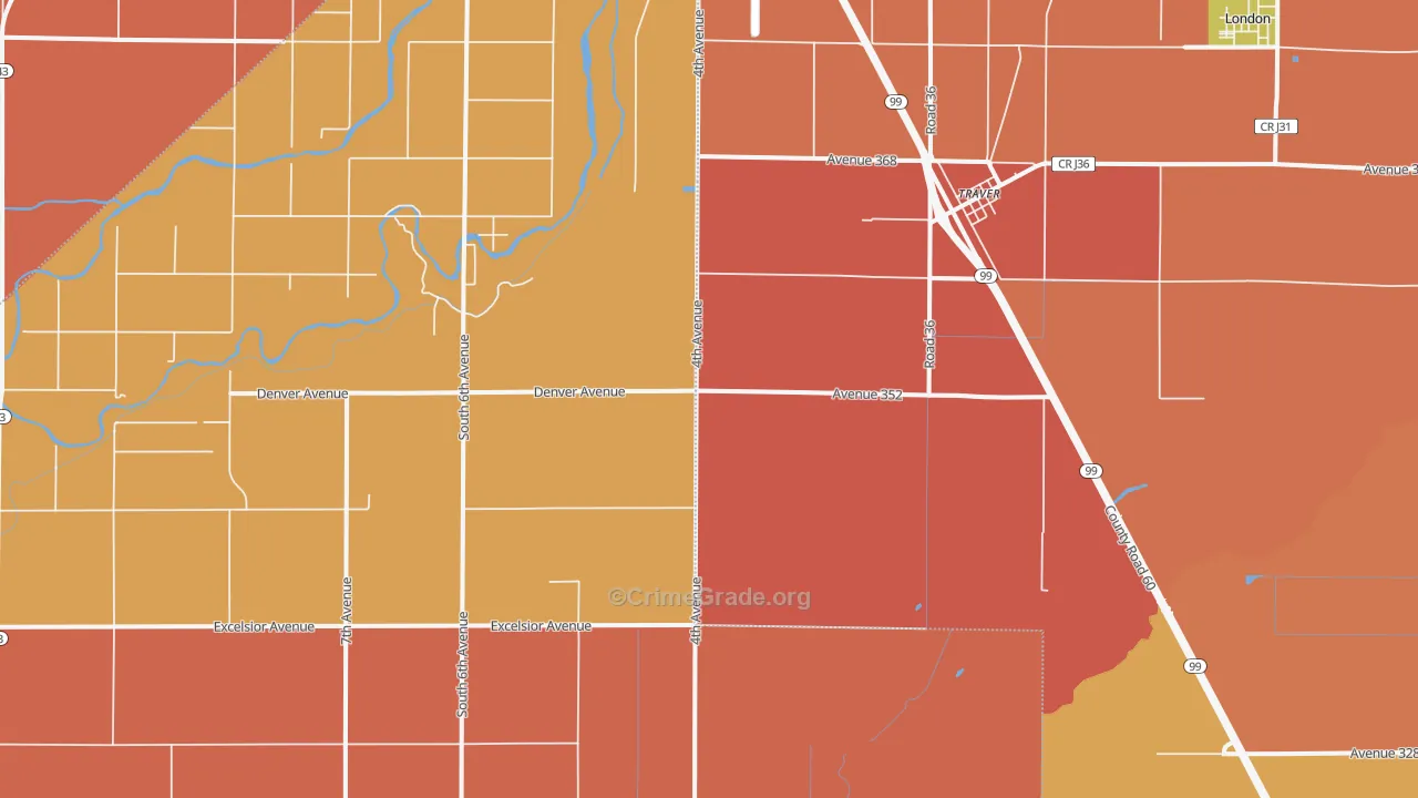 Traver, CA Map of Burglary Rates