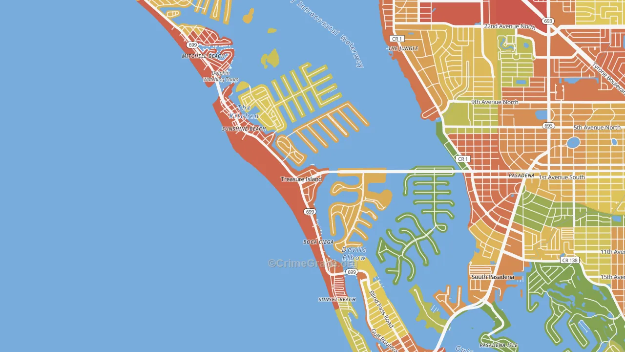 Treasure Island, FL Map of Burglary Rates