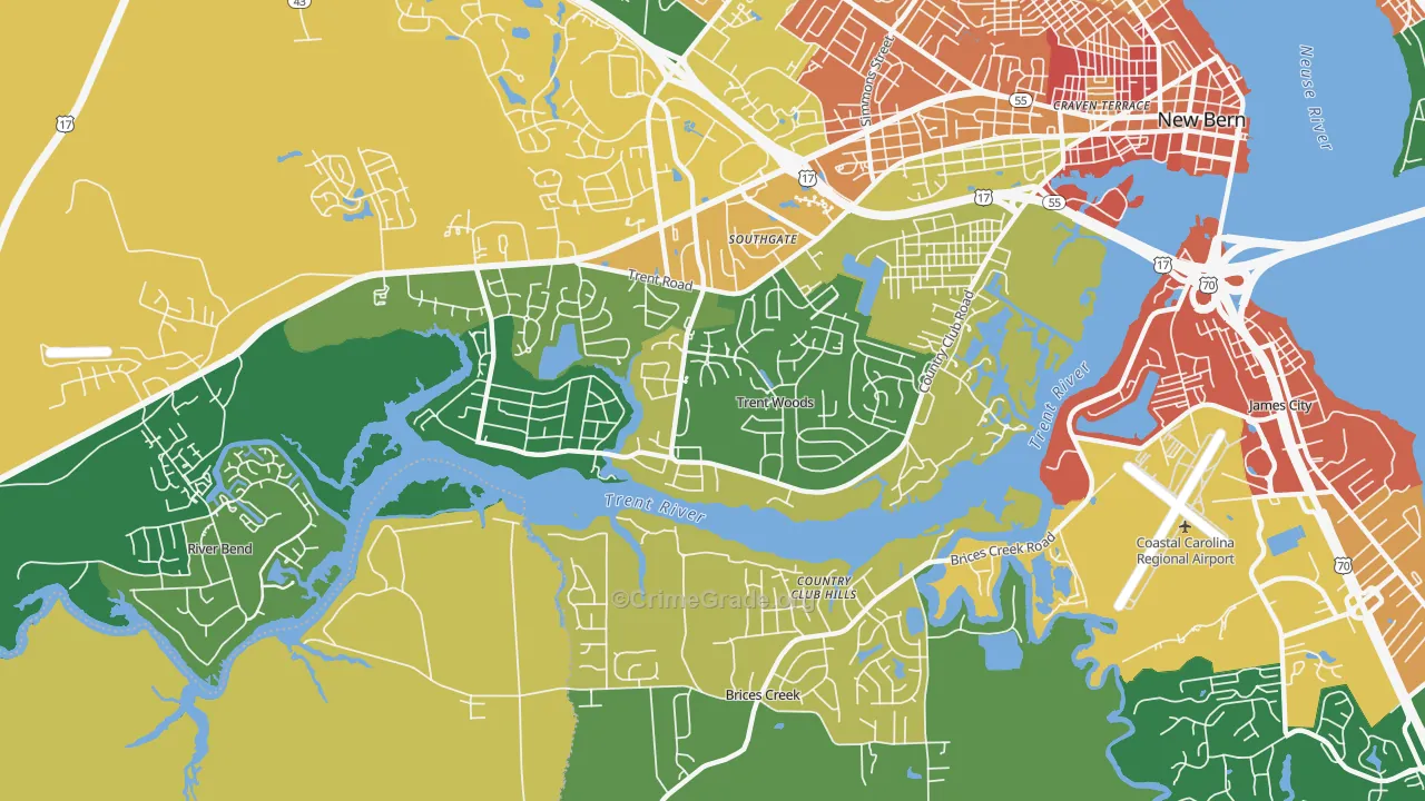 Trent Woods, NC Map of Burglary Rates