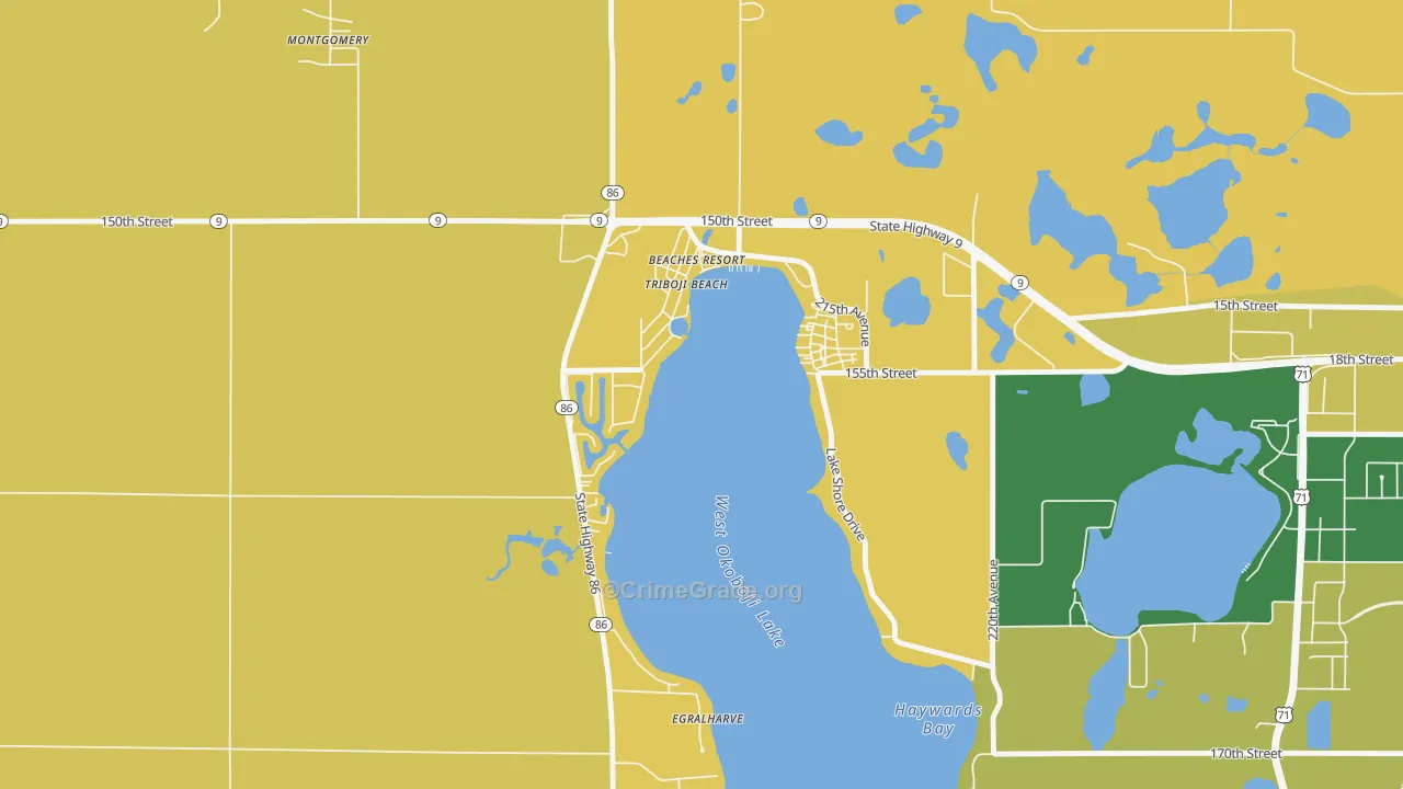 Triboji Beach, IA Map of Burglary Rates