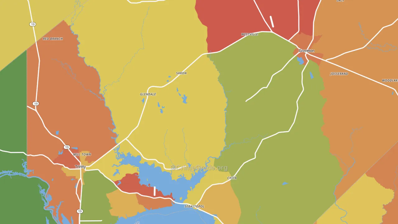 Trinity County, TX Map of Burglary Rates