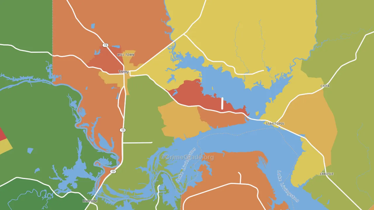 Trinity, TX Map of Burglary Rates