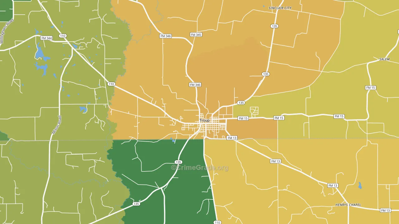 Troup, TX Map of Burglary Rates