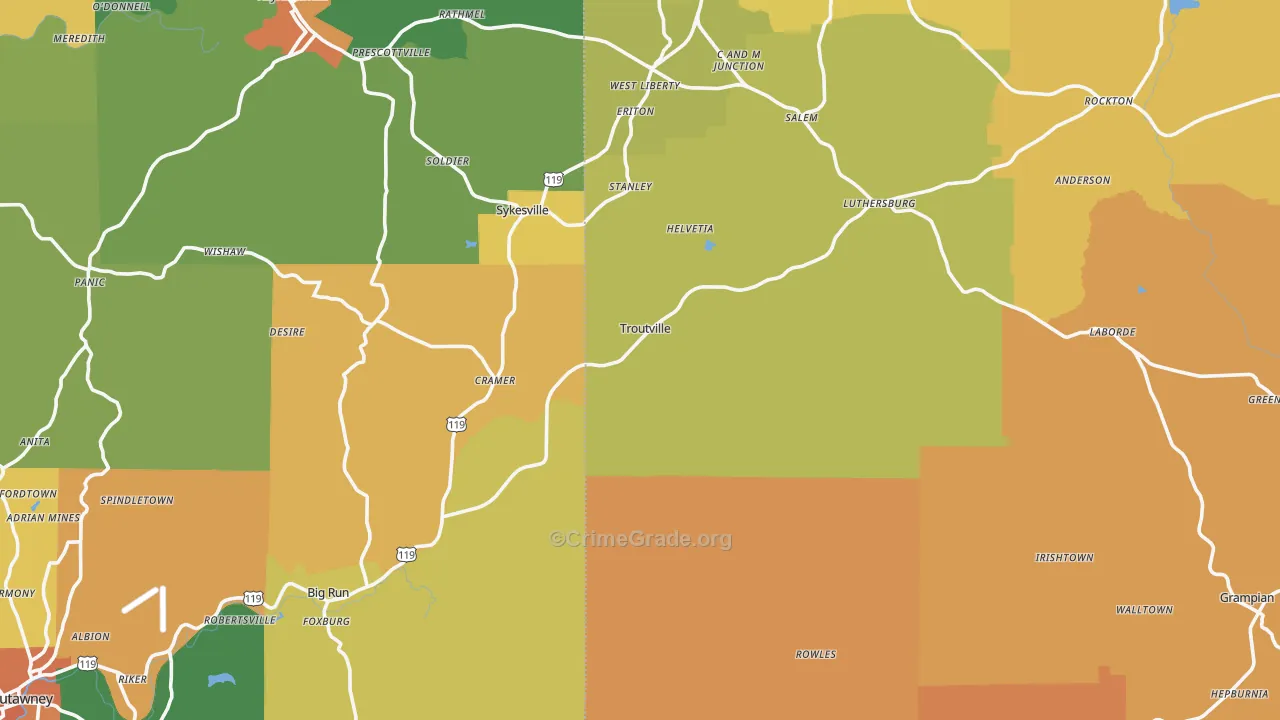 Troutville, PA Map of Burglary Rates