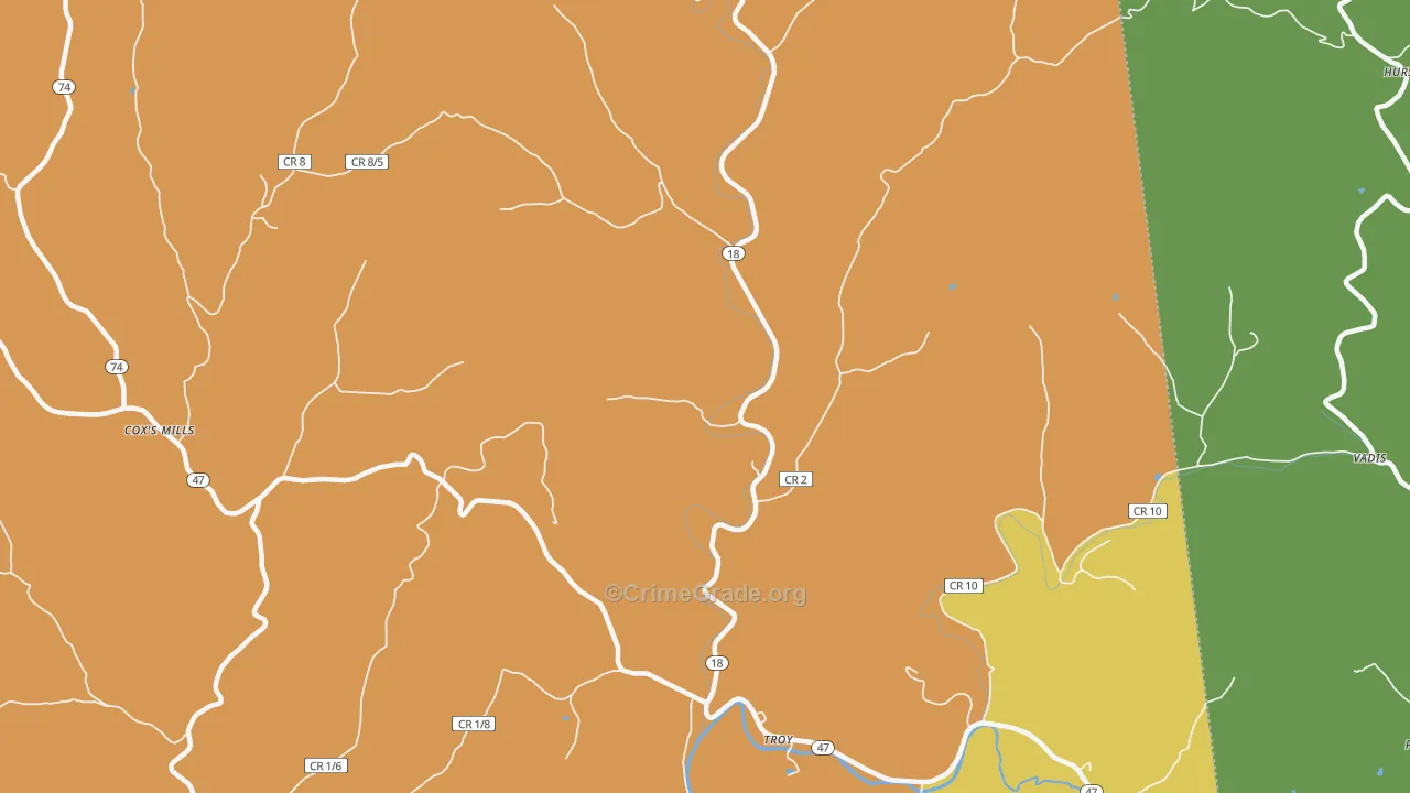 Troy, WV Map of Burglary Rates