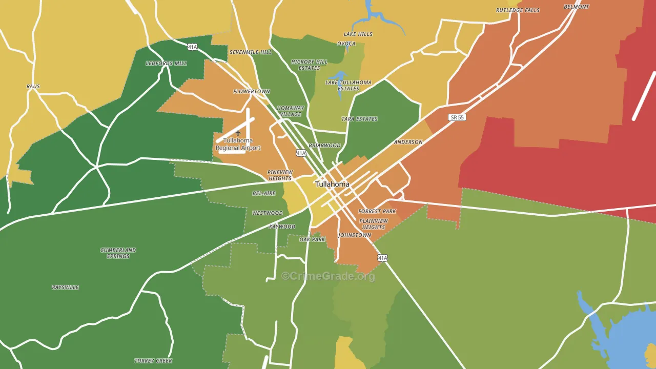 Tullahoma, TN Map of Burglary Rates