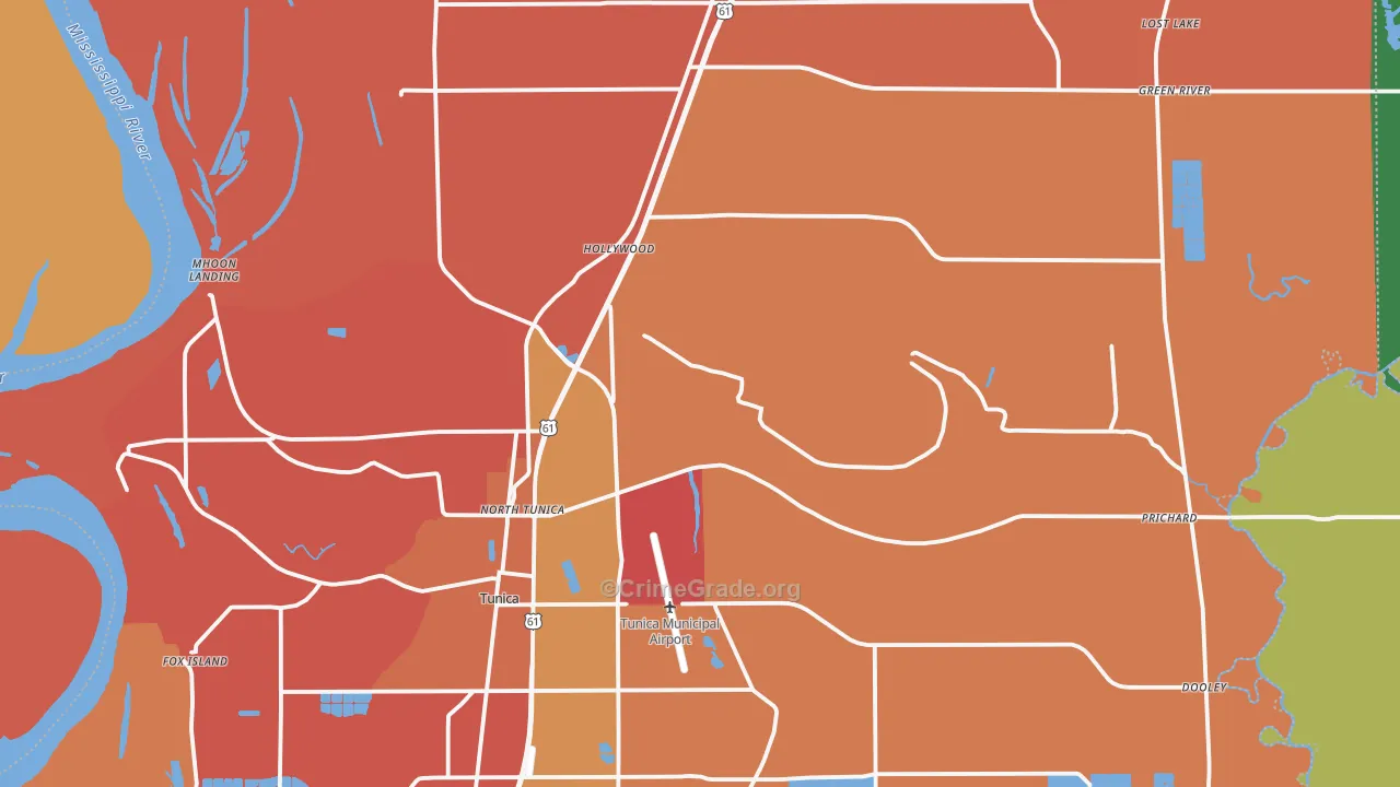 Tunica County, MS Map of Burglary Rates