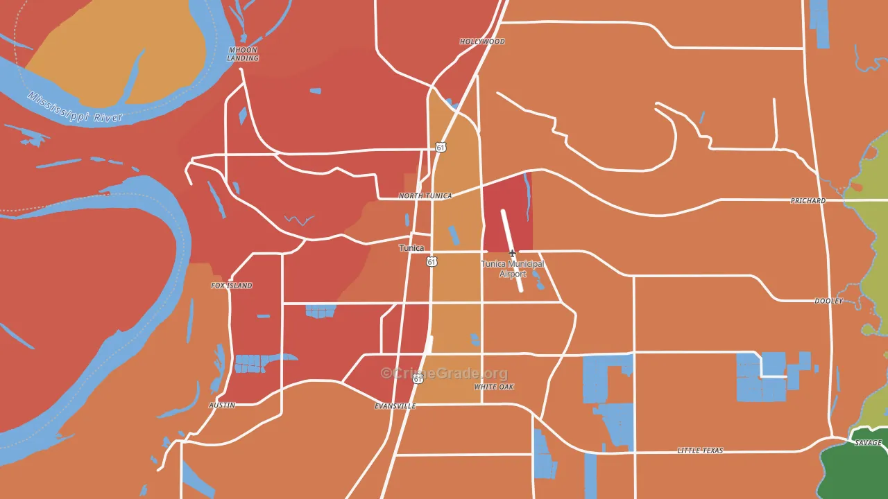Tunica, MS Map of Burglary Rates