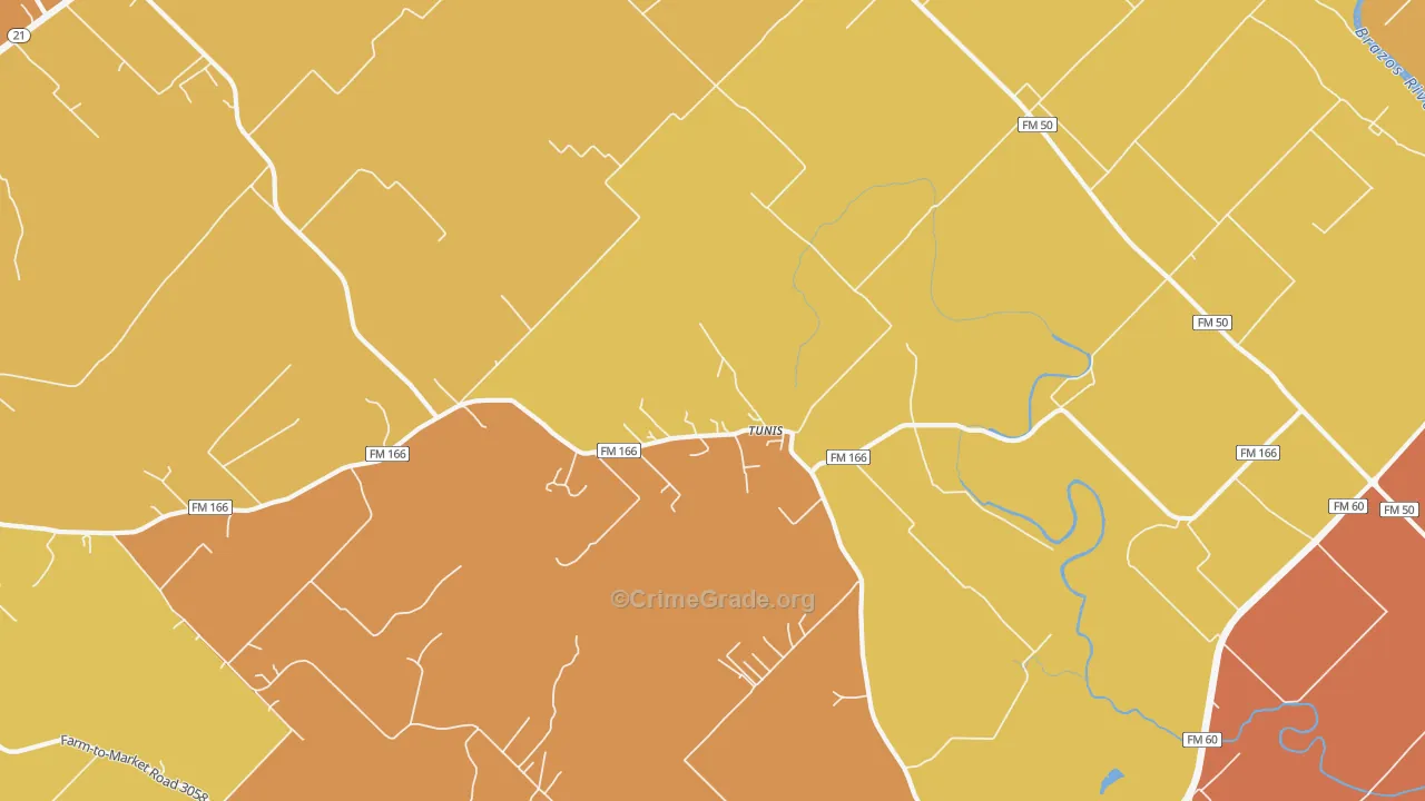 Tunis, TX Map of Burglary Rates