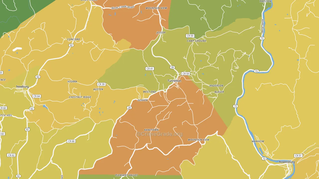 Tunnelton, WV Map of Burglary Rates