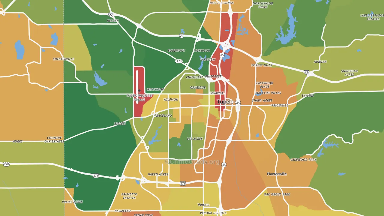 Tupelo, MS Map of Burglary Rates