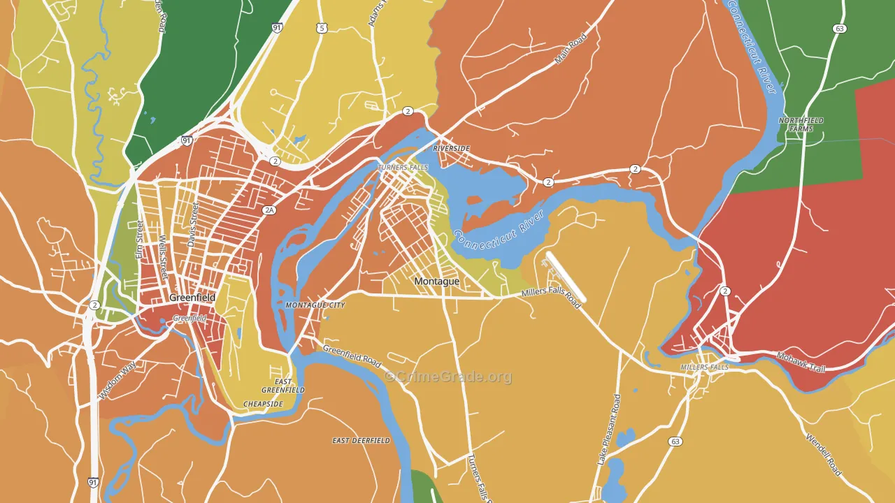 Turners Falls, MA Map of Burglary Rates