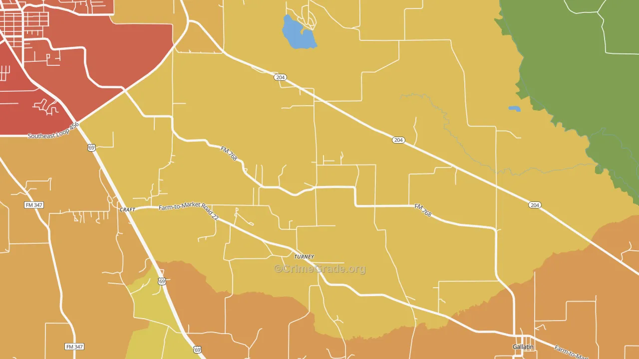 Turney, TX Map of Burglary Rates
