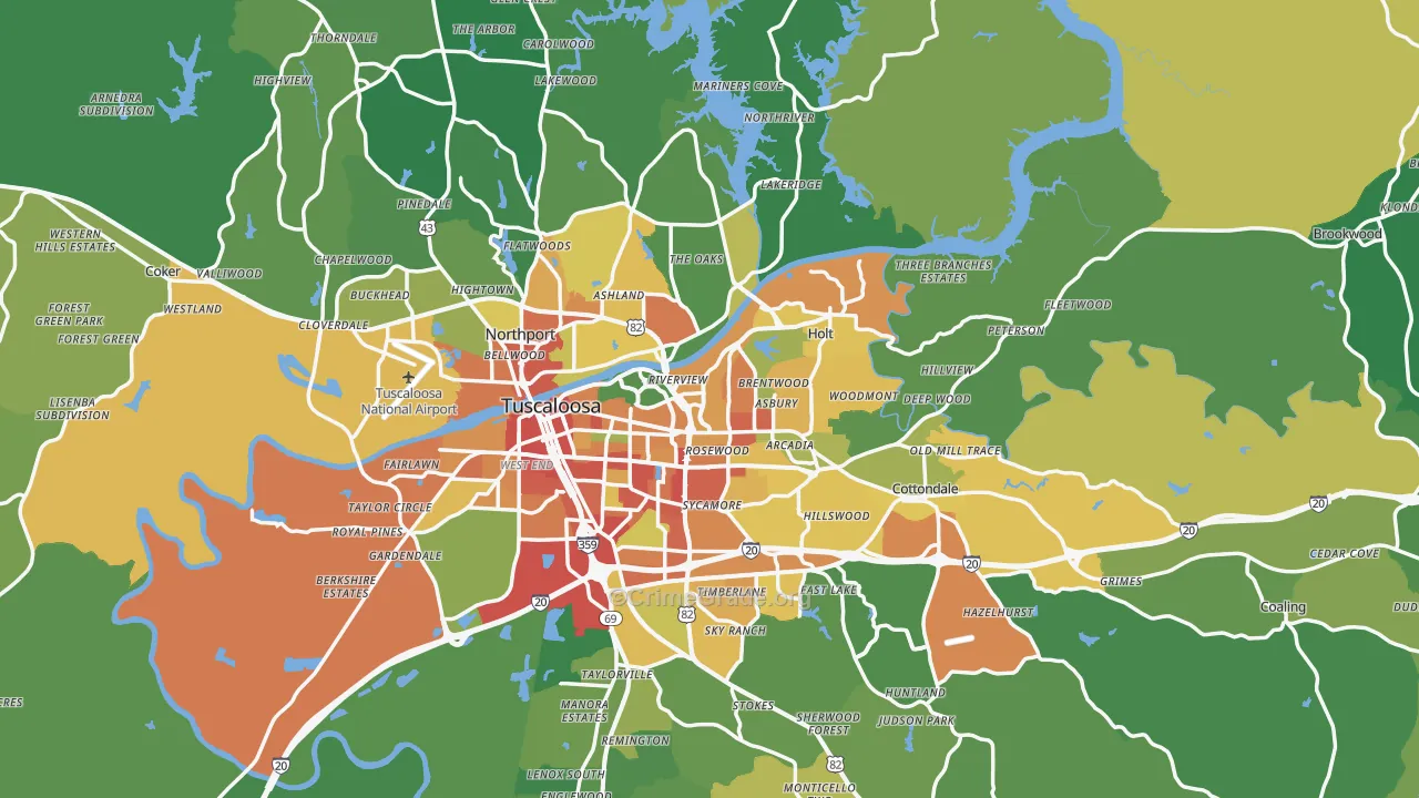 Tuscaloosa County, AL Map of Burglary Rates