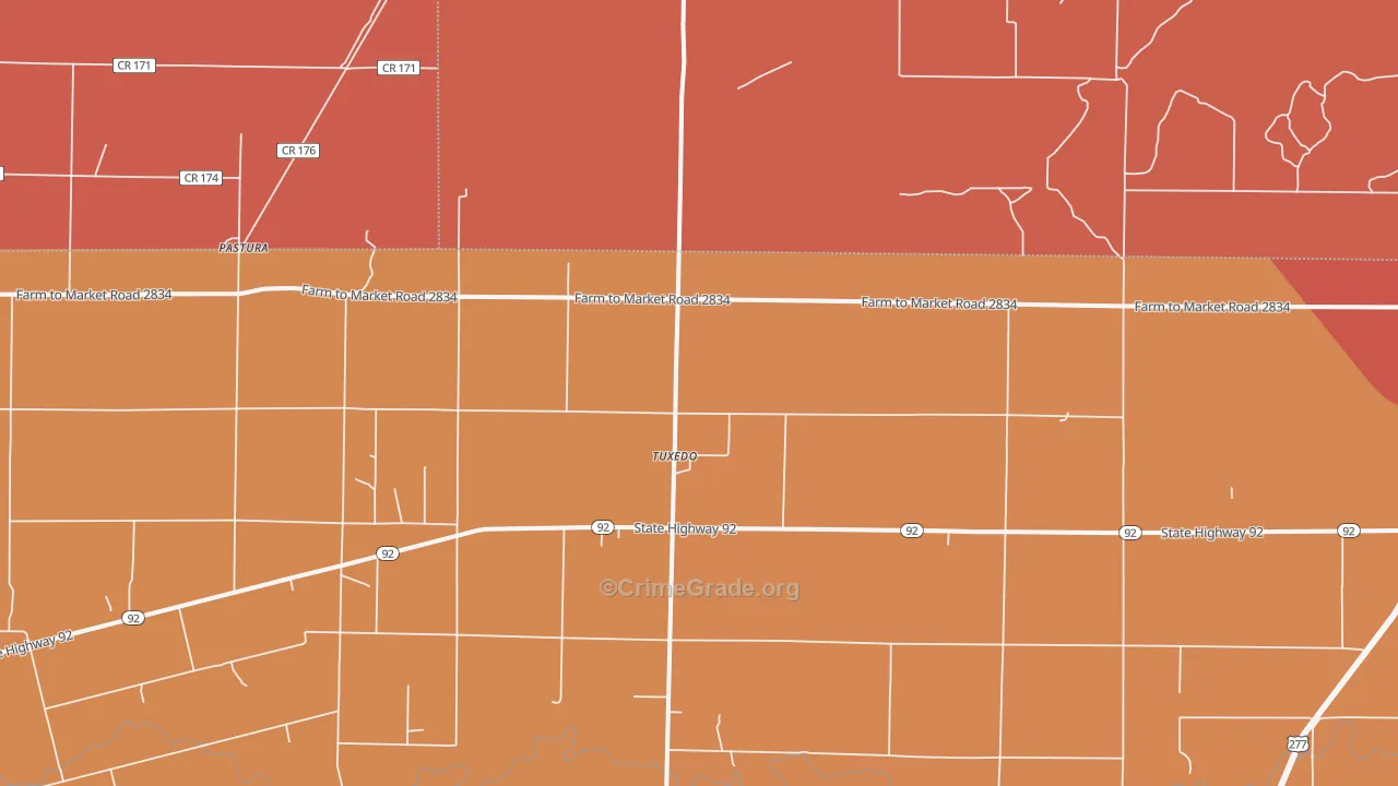 Tuxedo, TX Map of Burglary Rates