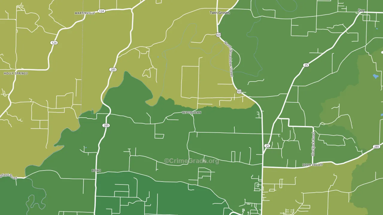 Twin Groves, AR Map of Burglary Rates