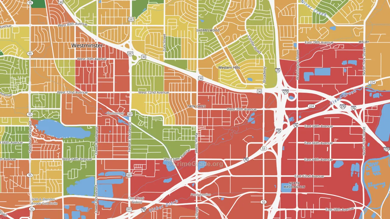 Twin Lakes, Denver, CO Map of Burglary Rates