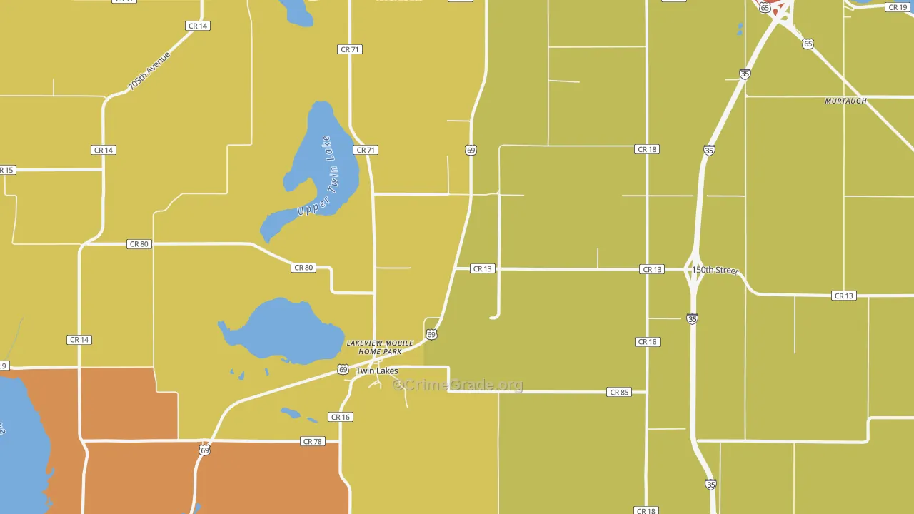 Twin Lakes, MN Map of Burglary Rates