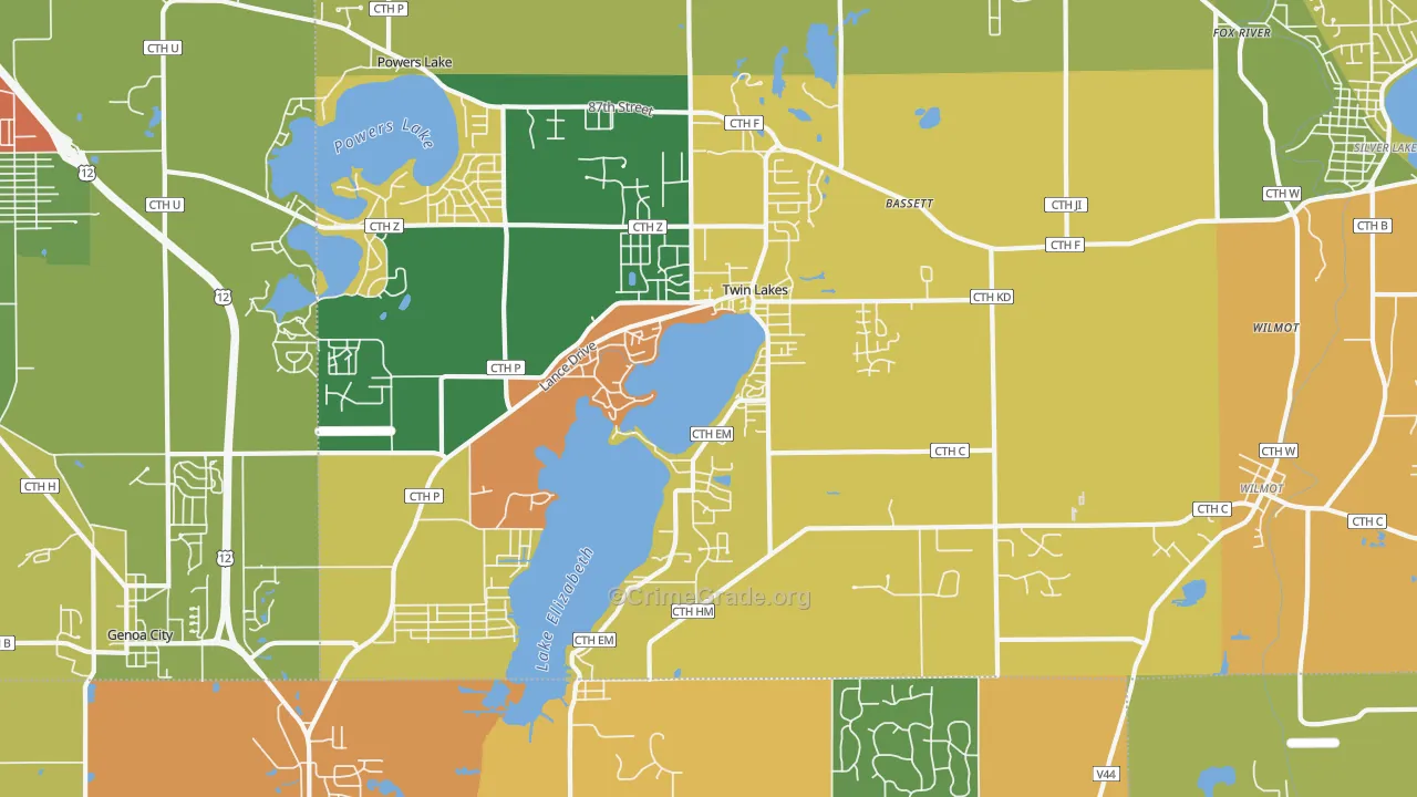 Twin Lakes, WI Map of Burglary Rates