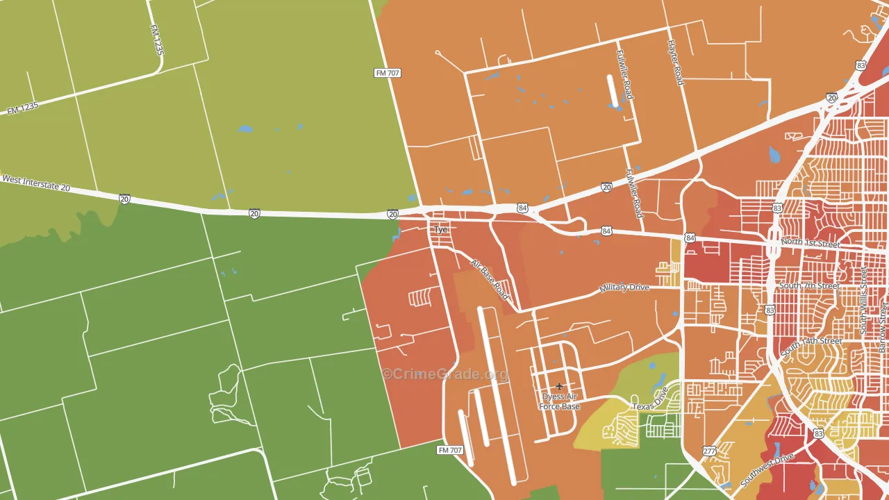 Tye, TX Map of Burglary Rates