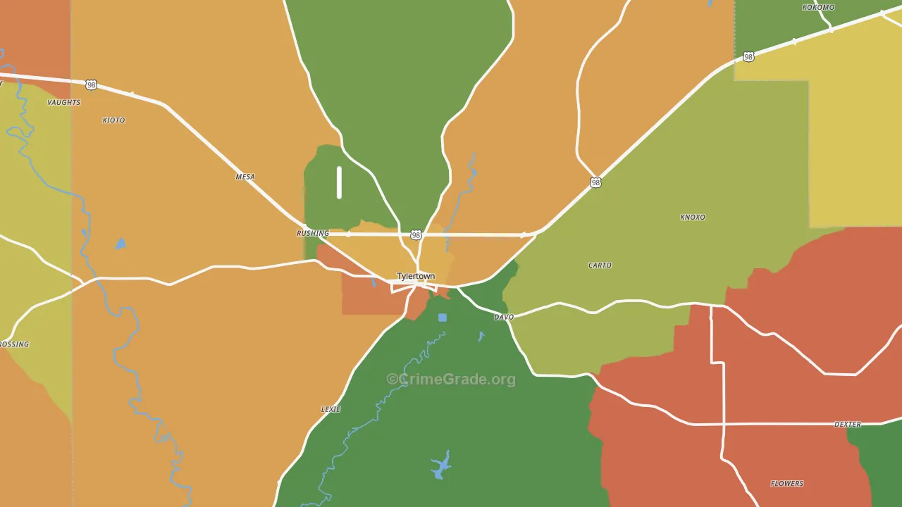 Tylertown, MS Map of Burglary Rates